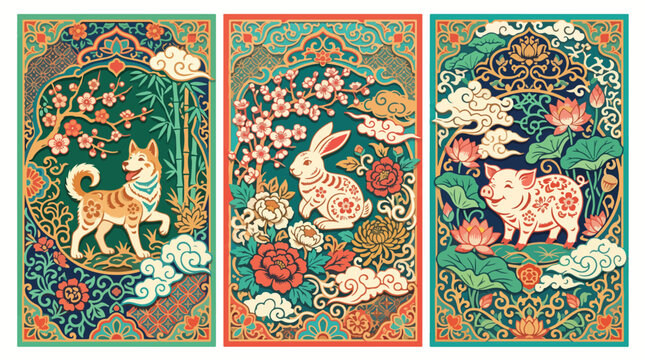 Chinese zodiac animals triptych illustration. Traditional lunar calendar art set.