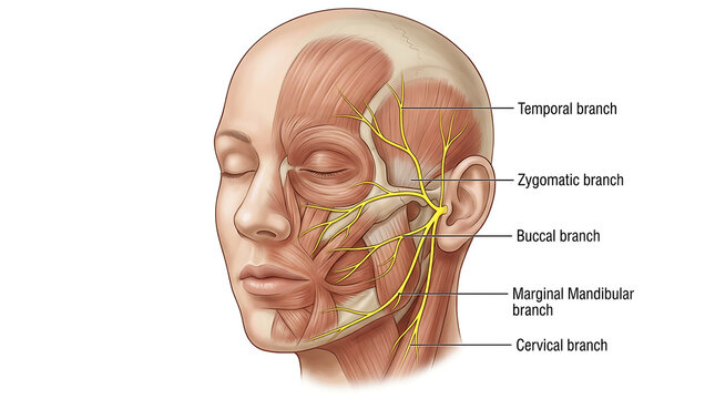 Human head showing facial nerve branches anatomy, labeled diagram
