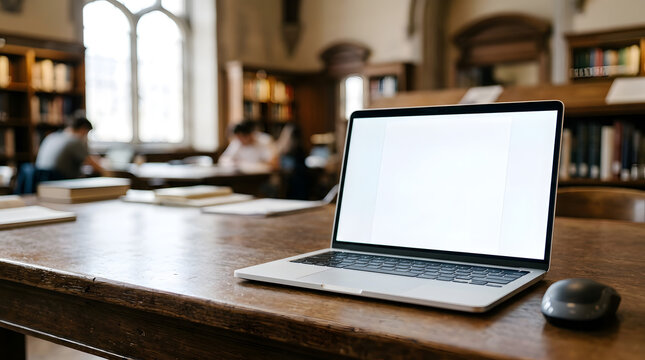 Laptop with blank white screen on a wooden desk in a library. Students studying in the blurred background. Copy space for text
