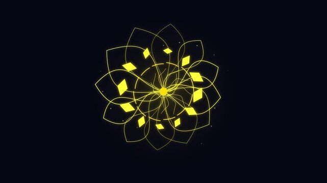 Yellow glowing geometric mandala rotating against dark background