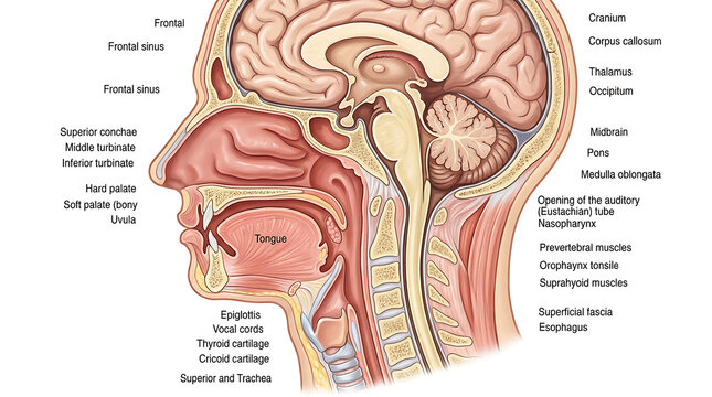 Sagittal cross-section of human head showing brain and facial anatomy