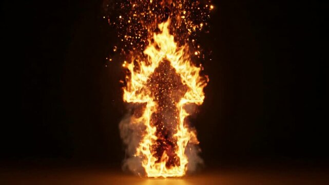 Burning upward arrow symbol made of realistic fire flames and glowing sparks isolated on black background, for motion and vfx