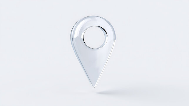 Clear Glass Location Pin Symbol for Global Positioning, Navigation, and Map Services on a Clean White Background with Copy Space