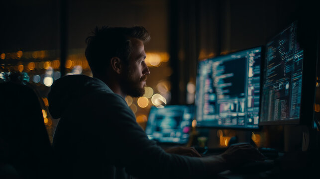 Software Developer Working Late: A focused male programmer sits before glowing dual monitors in a dark, quiet office, meticulously writing code as city lights softly blur in the background.
