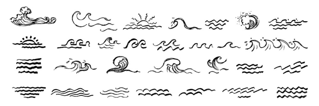 Sea wave crayon icon. Hand drawn water flow