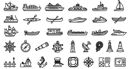 Editable Nautical Ship and Boat Outline Icon Set with Fishing Vessels Harbor Berths and Maritime Line Symbols © Sharmin