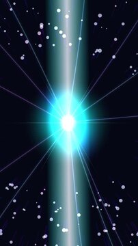 Cosmic energy pulsar animation emitting vertical light beams and exploding in deep space