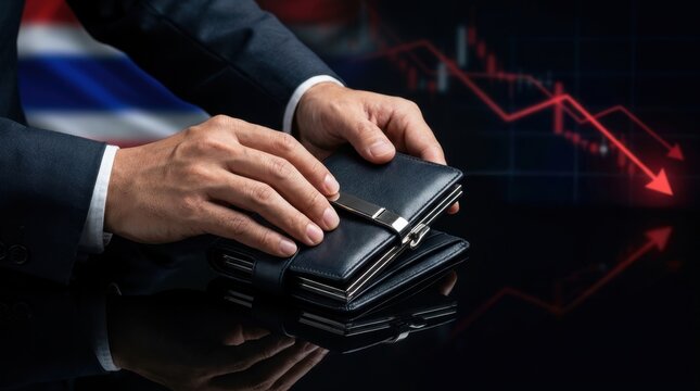 Businessman holding a wallet with a declining stock market chart in the background