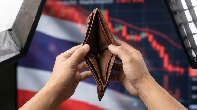 Hands holding an empty brown leather wallet against a blurred stock market graph