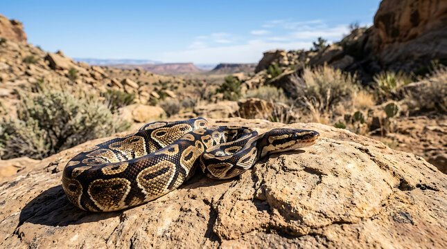 Ball Python Snake Basking On Sunny Arid Rock Landscape