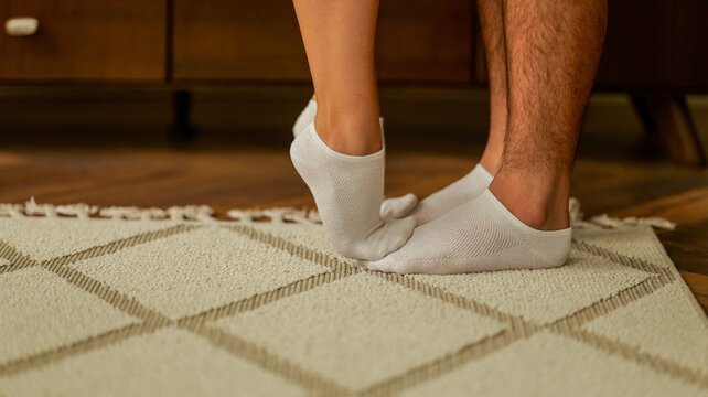Close-up of couple's feet in white socks standing on a rug indoors