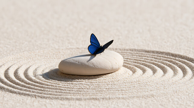 Vibrant blue butterfly rest on a smooth white stone in a perfectly raked zen garden, symbolizing harmony, peace, and natural beauty