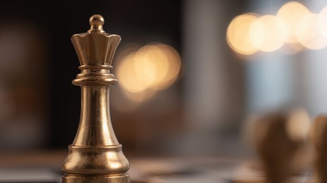 Chess game piece on a board with blurred background during indoor setting