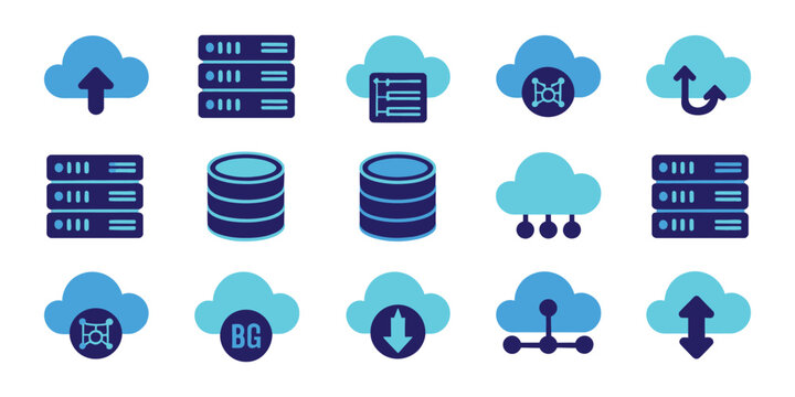 Big Data icons featuring hosting, cloud computing, cloud shield, server infrastructure, secure network technology, scalable digital storage, and modern data management.