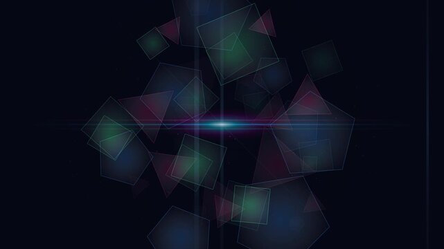 Abstract geometric shapes floating around central glowing neon light flare
