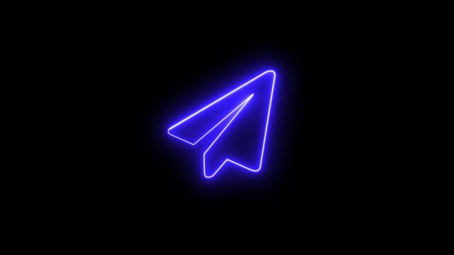 Paper Plane neon icon animation. Animated neon send icon isolated on black background. glowing neon send icon animation black background. 4K Video motion graphic animation.