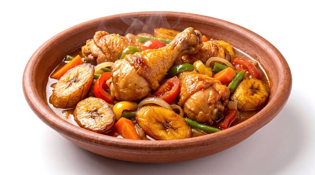 Traditional Cameroonian Poulet DG chicken stew with fried plantains and mixed vegetables in clay bowl