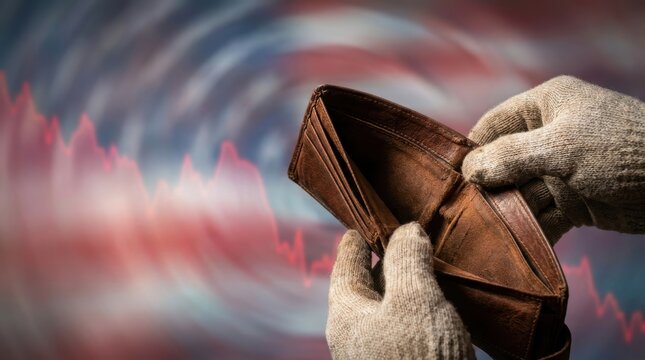 Hands in gloves holding an empty open brown leather wallet with a red stock market graph in the background