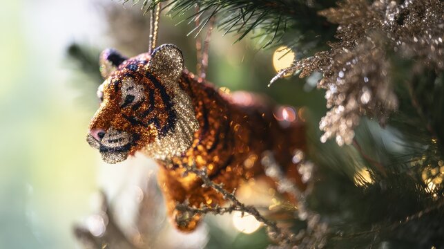 Tiger ornament hangs on a Christmas tree branch with soft lights in the background during the holiday season