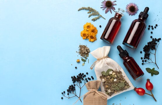 Flat lay of herbal medicine items with dropper bottles, cloth bags, dried plants, rose hips, berries, and flowers on blue background promoting holistic wellness remedies generated ai