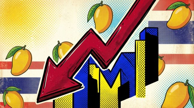 A red downward arrow intersects a bar chart with mangoes in a pop art style Economic Crisis