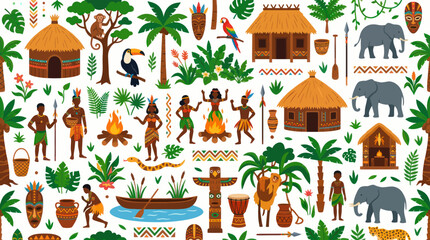 Obraz premium African Tribal Village Pattern with Elephants, Tribal Dancers, and Hut Houses