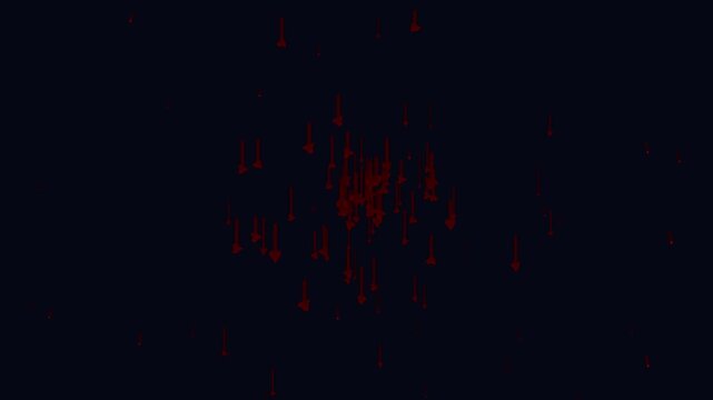 Abstract red arrow particles falling down on a dark background.
