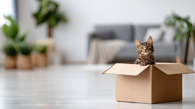 Cute fluffy cat sits in cardboard box with soft-focus background and ample space for text in a bright indoor setting