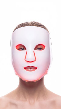 A woman in LED light therapy mask for face. Cosmetology concept, and beauty device, woman advertising facial anti age lift products salon care tighten skin, isolated on white