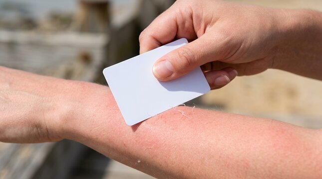Person treating a jellyfish sting on arm. Using a card to remove tentacles from skin.