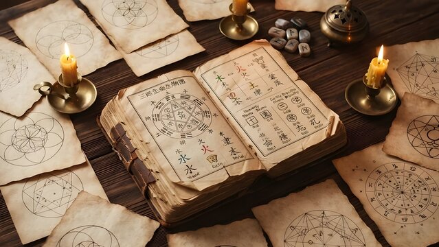 오래된 고서와 마법진 같은 도면이 펼쳐져 있는 신비로운 분위기의 나무 책상 풍경 / Mysterious atmosphere wooden desk scenery with old books and magic circle-like blueprints spread out