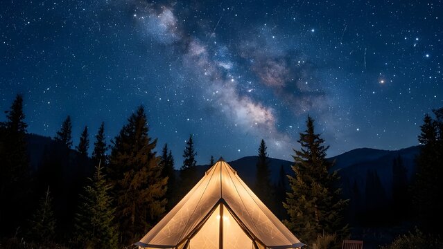 밤하늘에 쏟아지는 아름다운 은하수 별빛과 텐트가 어우러진 캠핑 감성 야경 풍경 / Camping emotional nightscape scenery featuring beautiful Milky Way starlight pouring into the night sky and a tent