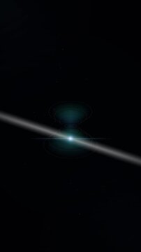 Abstract glowing blue cosmic star with accretion disk and horizontal lens flare in deep space