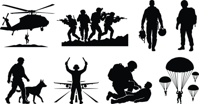 Black silhouette collection of military soldiers, tactical combat scenes, helicopters, and paratroopers vector set
