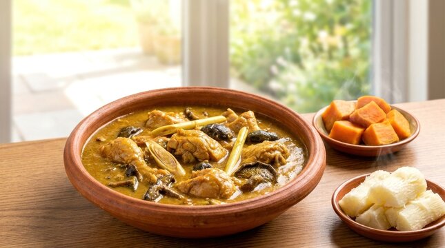 Traditional DR Congo Soso Ya Lamba chicken stew prepared with lemongrass, wild mushrooms, sweet potatoes, and cassava.