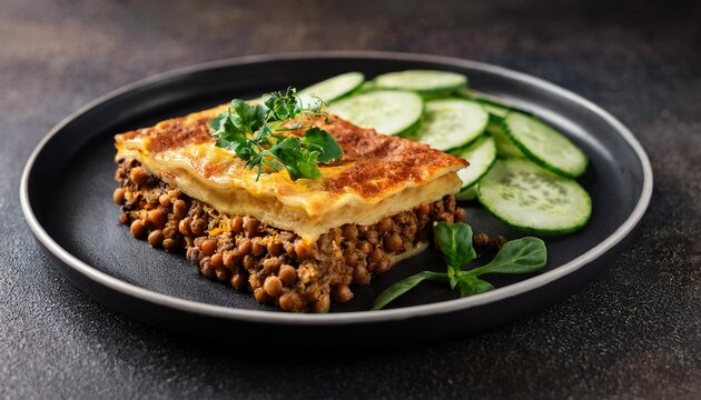 a hearty lentil lasagna served with fresh herb garnish and a side of thinly sliced cucumber salad on a dark plate