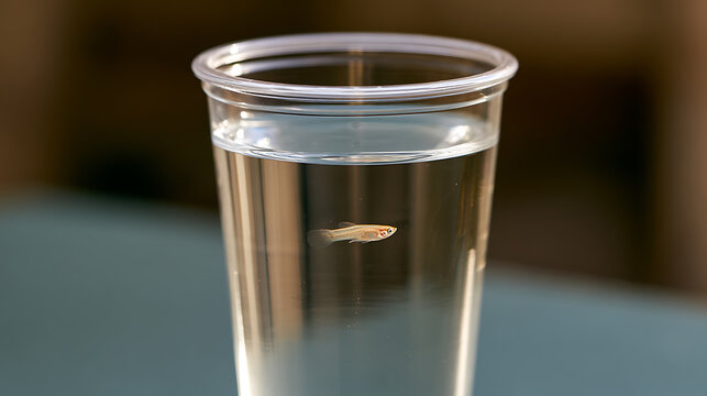 Small aquatic animal swim in clear water inside a plastic cup, isolated against a blurred background, shallow depth of field, natural light