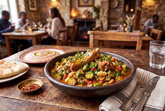 Delicious Sudan bamia dish with fresh okra and tender pork ribs served inside a warm rustic restaurant.
