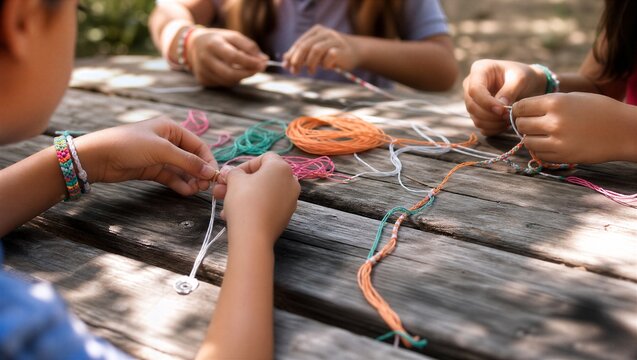 Children sitting at wooden picnic table making colorful friendship bracelets. Summer camp craft activity. Kids braiding thread together outdoors. Friendship concept