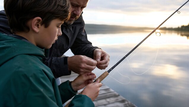 Father helping boy untangle fishing line on wooden pier. Teaching fishing skill for summer holiday. Bonding moment by the lake during golden hour sunset with calm water