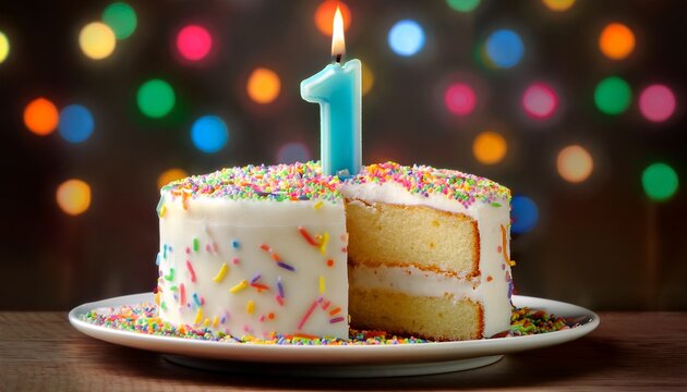 vibrant candle lying beside a sliced vanilla frosted sheet cake adorned with colorful sprinkles and a single lit first birthday candle