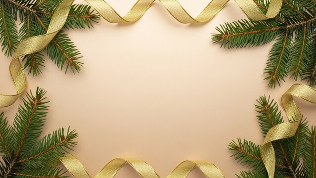 Christmas background with green fir branches and elegant golden ribbon on beige surface with copy space