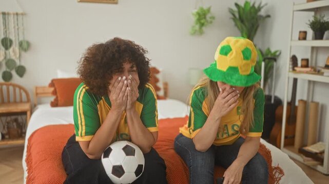 Two women on a bed wearing brazil jerseys hold a soccer ball and cover faces, one praying with hands together in a building; disappointment solidarity.