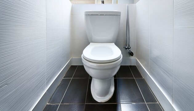 sparkling clean white ceramic toilet bowl centered in sleek modern bathroom surrounded by pristine white walls and polished floor
