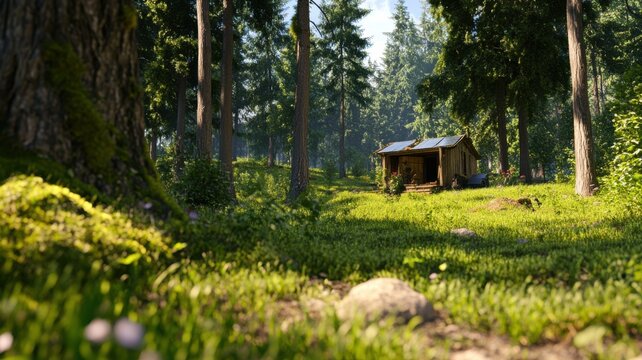 Off grid cabin nestled in a serene forest clearing during daylight hours