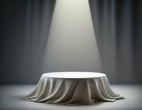 minimalist stage podium with soft draping and spotlight