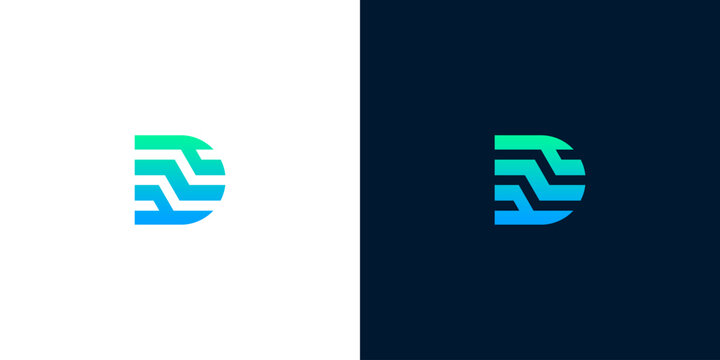 Modern Abstract Letter D Logo Design with Gradient Blue and Green Wave Lines for Technology and Digital Branding