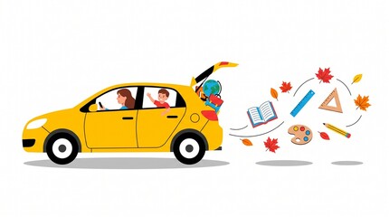 Fototapeta premium Mother driving yellow car with excited child and floating school supplies during autumn season transition