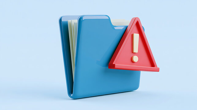 Shiny blue folder with a prominent red danger warning sign, symbolizing data risk, system error, or an important alert
