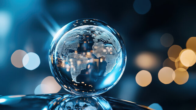 Crystal globe with detailed map design reflects light, symbolizing global connectivity and technology. background features soft bokeh lights